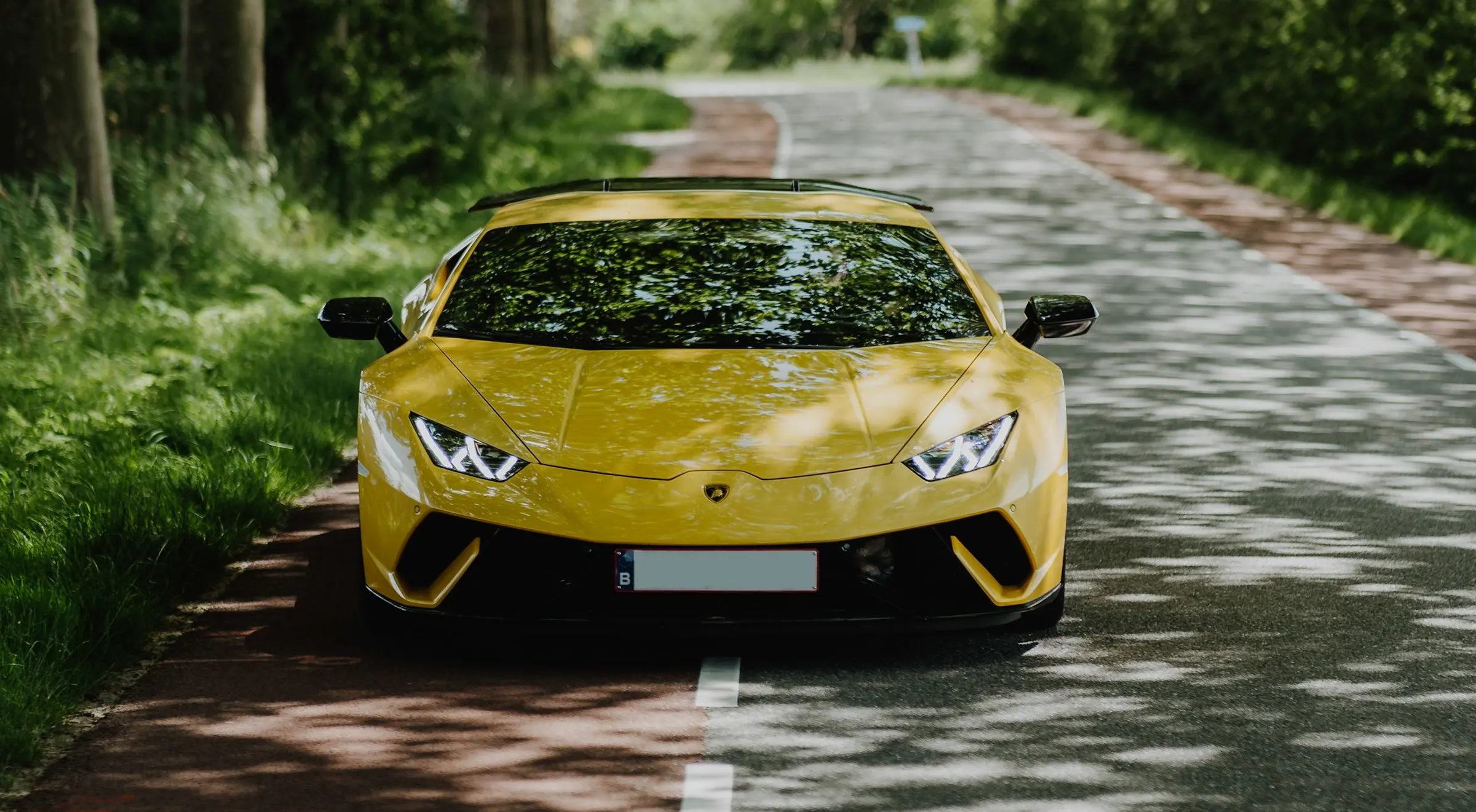 Yellow Lamborghini parked on a tree-lined street.