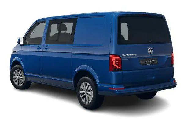 Blue Volkswagen cargo van shown from the rear side.