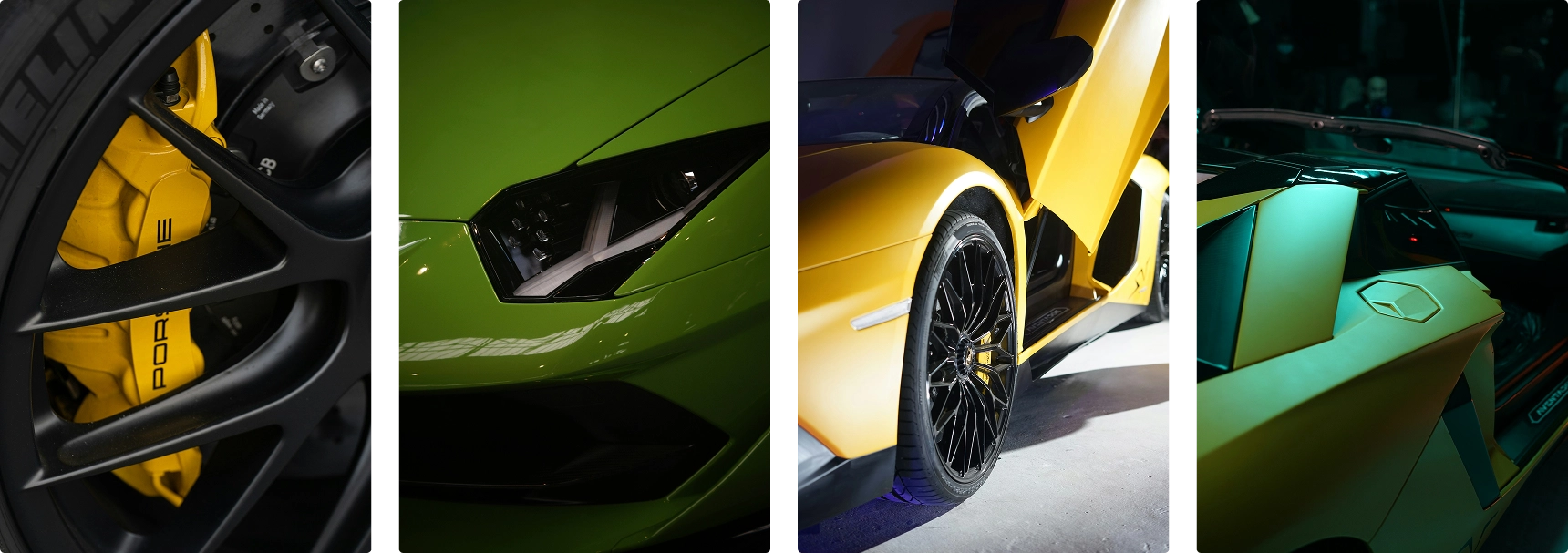 Two sleek sports cars showcased under dramatic lighting.